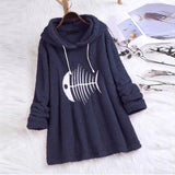 Fish Bone Embroidery Hoodies Cute Plush Long Sleeve Women's Sweatshirt