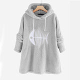 Fish Bone Embroidery Hoodies Cute Plush Long Sleeve Women's Sweatshirt