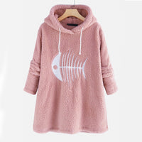 Fish Bone Embroidery Hoodies Cute Plush Long Sleeve Women's Sweatshirt