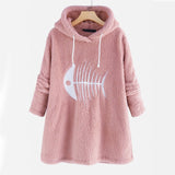 Fish Bone Embroidery Hoodies Cute Plush Long Sleeve Women's Sweatshirt