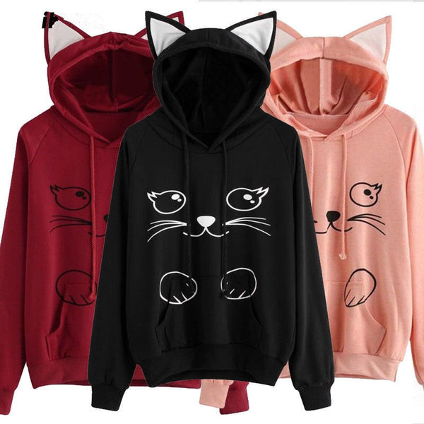 Womens Long Sleeve Hooded Sweatshirt Pink/Black/Wine Red Pullover