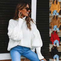 Women red turtleneck lantern sleeve sweater plus size women 2019