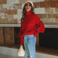 Women red turtleneck lantern sleeve sweater plus size women 2019