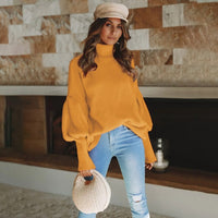 Women red turtleneck lantern sleeve sweater plus size women 2019