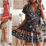 Women Bohemia Flower Print Dress Party Clubwear Short Sleeve