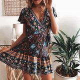 Women Bohemia Flower Print Dress Party Clubwear Short Sleeve