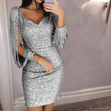 Women Dress V-neck Long Sleeve Shiny Bodycon Mini Short Dress