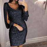 Women Dress V-neck Long Sleeve Shiny Bodycon Mini Short Dress