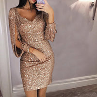 Women Dress V-neck Long Sleeve Shiny Bodycon Mini Short Dress