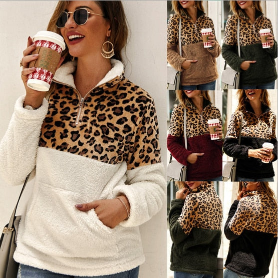 Women Fleece Sweatshirt Winter Casual Leopard Faux Fur Patchwork Fluffly Female Hoodies Warm Turtleneck Zipper Thick Sherpa Tops