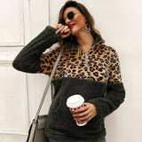 Women Fleece Sweatshirt Winter Casual Leopard Faux Fur Patchwork Fluffly Female Hoodies Warm Turtleneck Zipper Thick Sherpa Tops