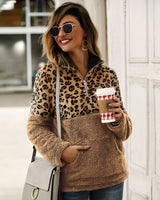 Women Fleece Sweatshirt Winter Casual Leopard Faux Fur Patchwork Fluffly Female Hoodies Warm Turtleneck Zipper Thick Sherpa Tops