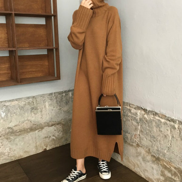 Women Autumn Winter thick Turtleneck long Sweater Dress