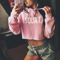 Letter Print SQUAT Hoodies Women Hooded Autumn Cotton Crop Tops