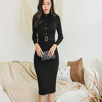 Elegant Single Breasted Women Sweater Dress O-neck Full Sleeve