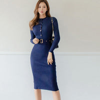 Elegant Single Breasted Women Sweater Dress O-neck Full Sleeve