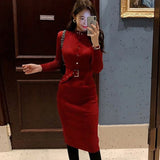 Elegant Single Breasted Women Sweater Dress O-neck Full Sleeve