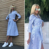 New Women Vintage Blue Striped Sashes Casual Dress 2019