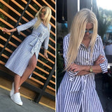 New Women Vintage Blue Striped Sashes Casual Dress 2019