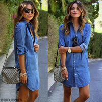 Autumn Fashion Women Denim Turn Down Collar Mini Dress