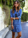 Autumn Fashion Women Denim Turn Down Collar Mini Dress